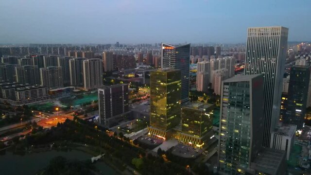 Aerial photography of modern office buildings in Zibo Financial District, China