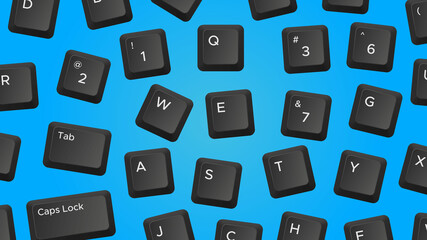 Scattered keyboard keys on bright blue background