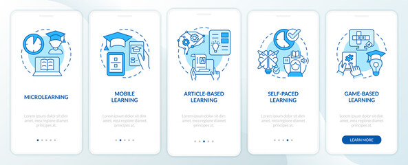 Elearning methods blue onboarding mobile app screen. Digital education walkthrough 5 steps graphic instructions pages with linear concepts. UI, UX, GUI template. Myriad Pro-Bold, Regular fonts used