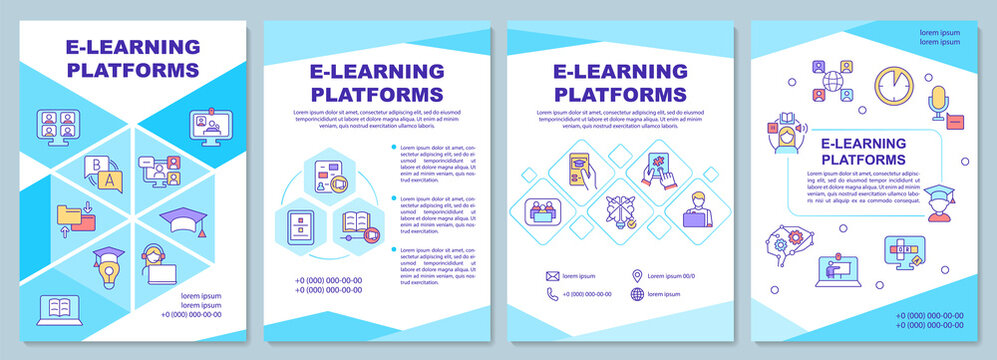Elearning platforms brochure template. Online education. Booklet print design with linear icons. Vector layouts for presentation, annual reports, ads. Arial-Black, Myriad Pro-Regular fonts used