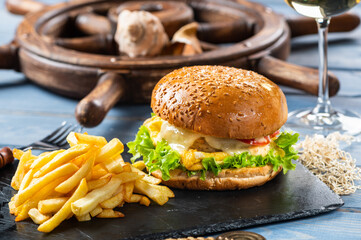 Fish burger with egg and bacon-1