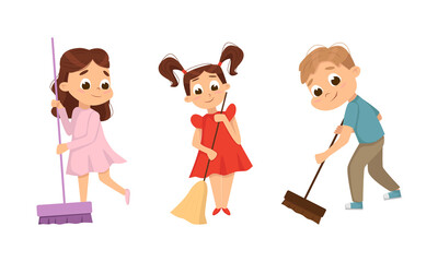 Little Big-eyed Boy and Girl with Broom Sweeping Floor Vector Set