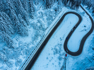 Cold and snowy winter. Sappada Dolomites from above.