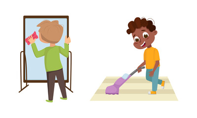 Little Big-eyed Boy Cleaning Mirror and Vacuuming Floor Vector Set