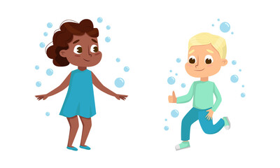 Funny Boy and Girl Playing with Soap Bubbles Vector Set