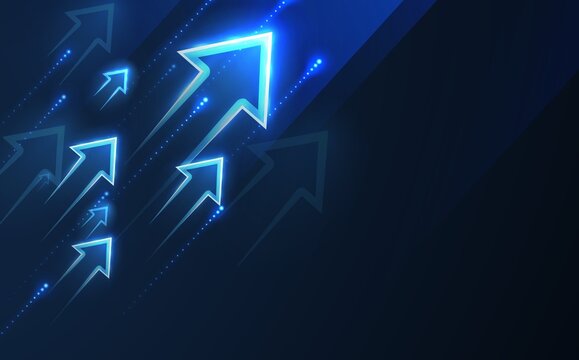 Up arrows on deep blue background space with one big arrow.