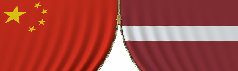 China and Latvia cooperation or conflict, flags and closing or opening zipper between them. Conceptual 3D rendering - obrazy, fototapety, plakaty