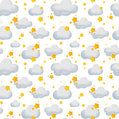 Seamless pattern of clouds and stars. Children's illustration of the sky.