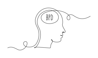 BPD concept with human head. One continuous line drawing of bipolar disorder or borderline personality disorder. Editable stroke. Doodle Vector illustration - obrazy, fototapety, plakaty