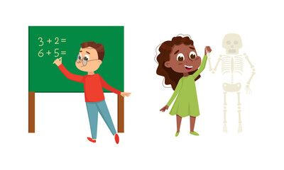 Cute Children in Class Studying School Subject Learning Maths and Anatomy Vector Set