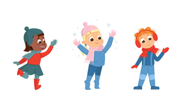 Cheerful Boy and Girl Waving Hand and Playing Snowball Walking and Enjoying Winter Holiday Vector Set