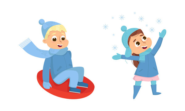 Cheerful Boy and Girl Sliding Downhill and Catching Snowflakes Walking and Enjoying Winter Holiday Vector Set