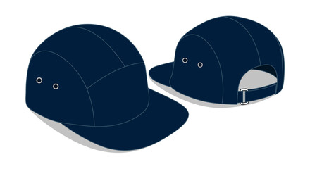 Navy Blue 5 Panels Cap With Flat Brim Cap Template Vector On White Background, Perspective View.