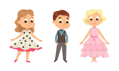 Cute Children Dressed in Elegant Clothes Standing and Smiling Vector Set