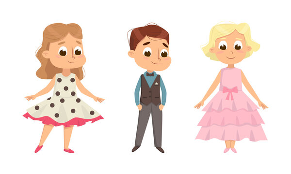Cute Children Dressed in Elegant Clothes Standing and Smiling Vector Set