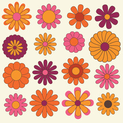 Set of colorful floral geometric objects. Groovy flowers, vector illustration, hippie aesthetic. Funny multicolored botanical art print