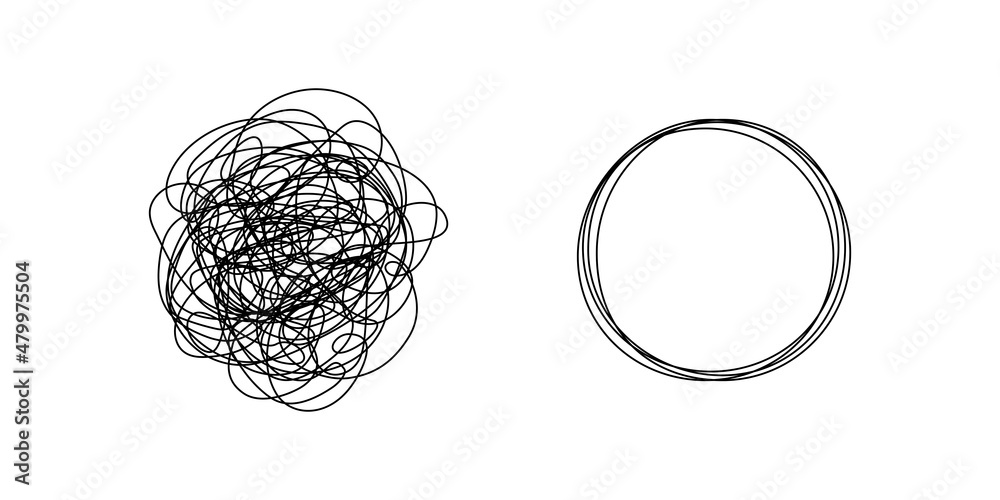 Poster Chaotically tangled line and untied knot in form of circle. Psychotherapy concept of solving problems is easy. Unravels bad mental health. Vector illustration
