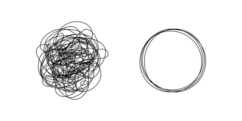 Chaotically tangled line and untied knot in form of circle. Psychotherapy concept of solving problems is easy. Unravels bad mental health. Vector illustration - obrazy, fototapety, plakaty