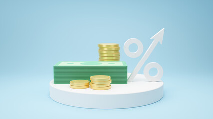 Increasing arrow and stack of money as financial saving rising concept on white podium, increasing of interest rates, financial concept and business profit growth concept, 3d rendering illustration.