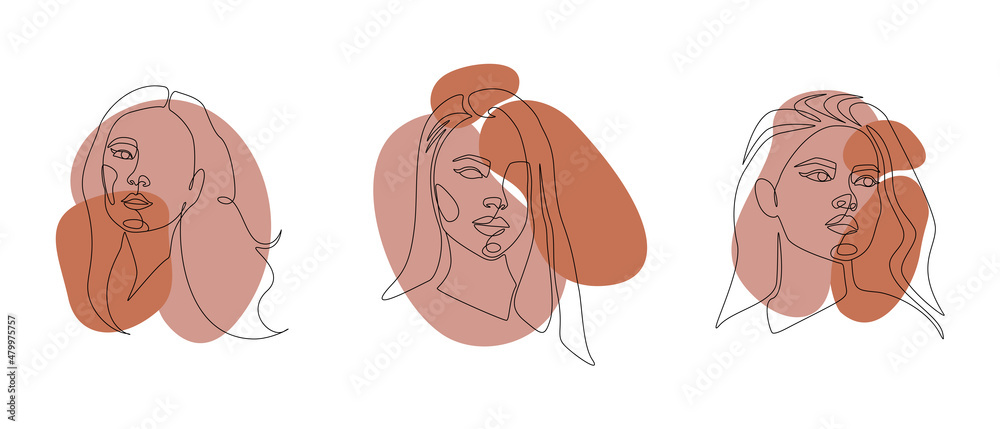 Poster set of womens faces one continuous line drawing. minimalist abstract female portrait in simple linea