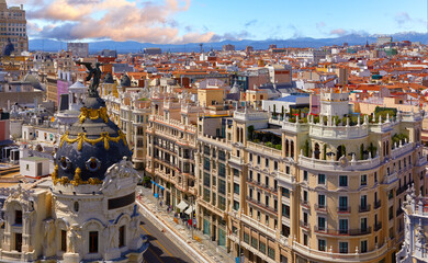 Madrid, Spain. Downtown district where the Calle de Alcala meets the Gran Via street. Most famous...