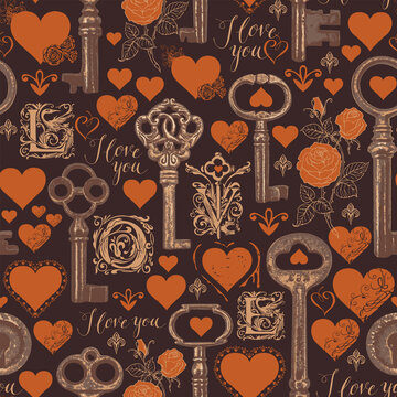 Seamless pattern on the love theme with initial letters L O V E, red hearts and old bronze keys on a black. Vector background in vintage style for valentine greeting. Wallpaper, wrapping paper, fabric
