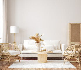 Fototapeta Home mockup, room in light pastel colors, Scandi-Boho style, 3d render obraz