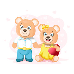 Obraz na płótnie Canvas Two cartoon teddy bears in love. Teddy bear boy holds by the paw a bear girl. Teddy bear girl holding a heart. Pink background with hearts