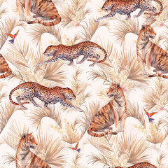 Exotic fauna seamless pattern. Tiger and leopard animals and tropical plants wallpaper design. Repeating fashion texture