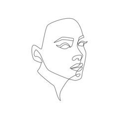 Abstract Woman face one line drawing. Minimalistic abstract female portrait continuous linear simple style for logo, prints, tattoos, posters, postcards. Doodle Vector illustration