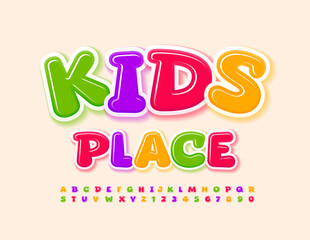 Vector colorful emblem Kids Place. Playful creative Font. Funny Alphabet Letters and Numbers set