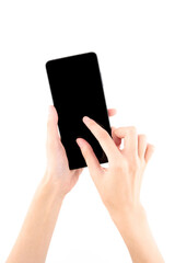 Woman hand holding black smartphone with blank screen isolated on white background.
