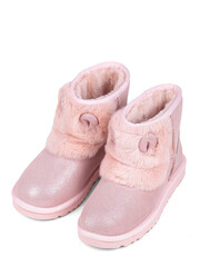 Pink winter woman's boots with fur on a white background
