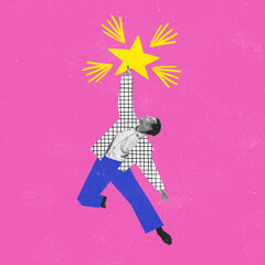 Business concept. Young manager, employee in bright clothes jumping to star isolated on neon...