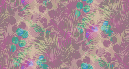 Fototapeta na wymiar Seamless pattern with silhouettes of tropical palms and eucalyptus branches painted in beige and brown colors. Mix of silhouettes of dried flowers for summer textiles and surface design