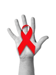 World aids day and national HIV AIDS and ageing awareness month with red ribbon on hand