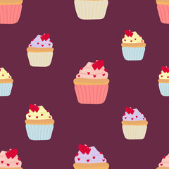 Cupcakes decorated with hearts. Seamless pattern. Cakes on a dark background. Vector illustration.