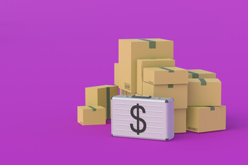 Obraz premium Boxes and suit case with dollar symbol. The concept of investing in a delivery service, transport company. Import and export of goods. Customs duties. International trade. Cost of delivery, shipping