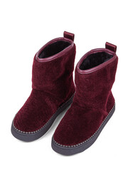 Dark red winter woman's boots with fur on a white background