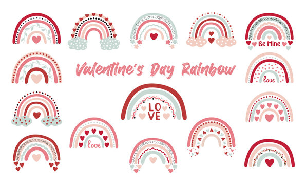 Set rainbow clipart elements Valentine's day. Bohemian romantic happy Valentine day. Vector rainbow and heart.