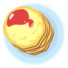 Pancakes with red jam. Plate with stack of flat baking cakes