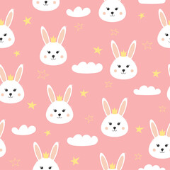 Seamless pattern with cute bunny, star and cloud. Lovely rabbit with crown on pink background. Background for baby shower, wall art, fabric, textile and invitation