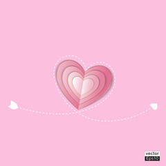 pink paper heart with gold  with White arrow pattern isolated pink background.Vector illustrator.
