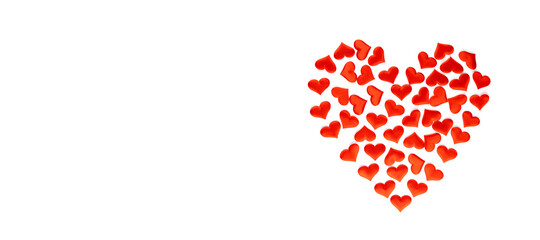 Background for Valentine's Day. The heart consists of small red hearts on a white background. View from above. Banner Space for text