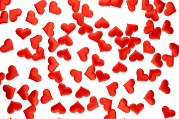 A pattern of red hearts on a white background. Flatlay. background for Valentine's Day