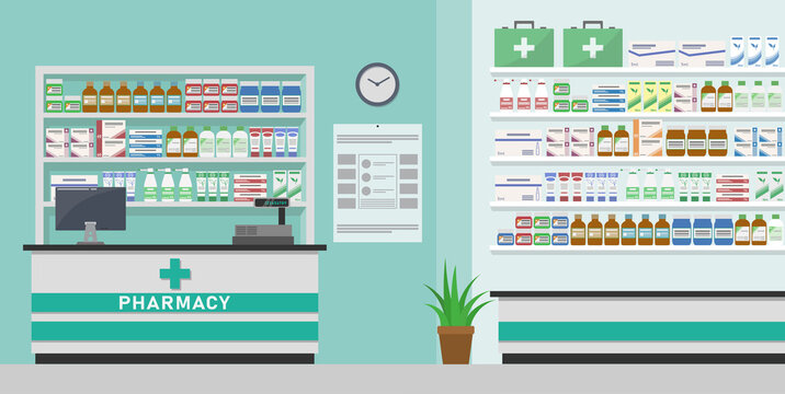 Modern interior pharmacy or drugstore with the counter. Medicine pills capsules bottles vitamins and tablets. vector illustration in flat style