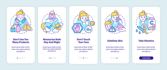 Skincare tips onboarding mobile app screen. Healthy skin walkthrough 5 steps graphic instructions pages with linear concepts. UI, UX, GUI template. Myriad Pro-Bold, Regular fonts used