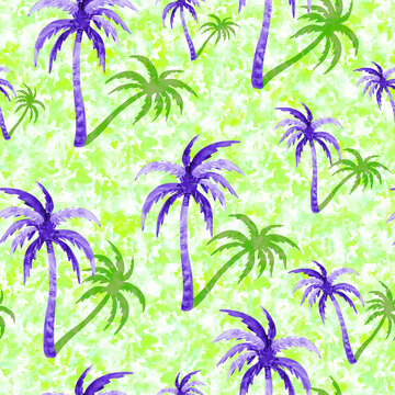 Coconut palm trees on green background. Seamless watercolor tropical pattern