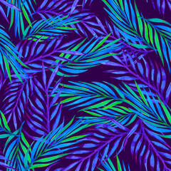 Palm branches seamless pattern on black background, watercolor tropical leaves print, night jungle 