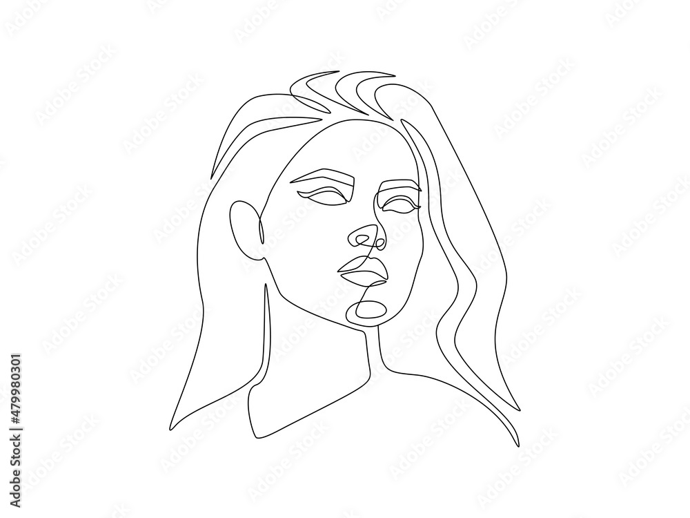 Poster abstract woman face one continuous line drawing. minimalistic abstract female portrait linear simple